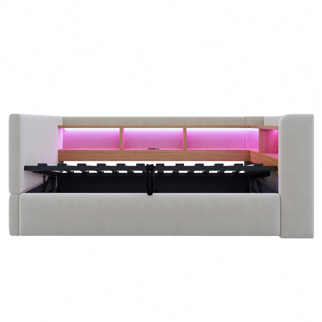 Divano letto imbottito con vano contenitore idraulico, luci LED e prese integrate, 90 x 190 cm, grigio chiaro