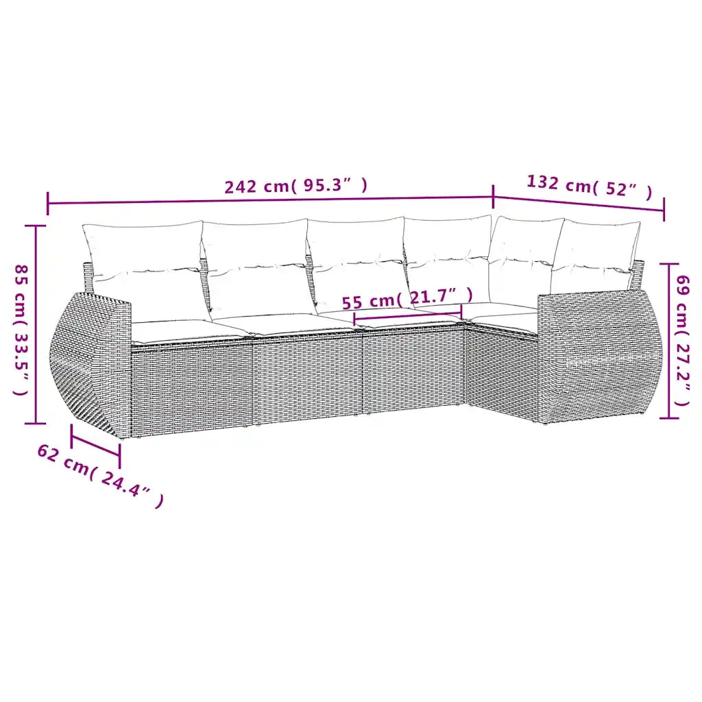 Set Divano da Giardino 5 pz con Cuscini Marrone in Polyrattan 3253670