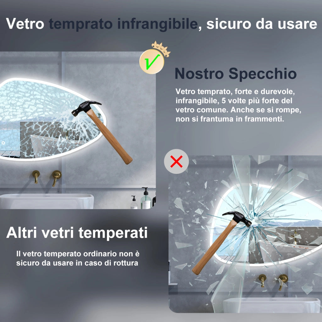 Specchio da bagno Asimmetrico con 100x80cm,3 colori,Memoria, Antifog,Regorabile,Retroilluminato,doppio interruttore,