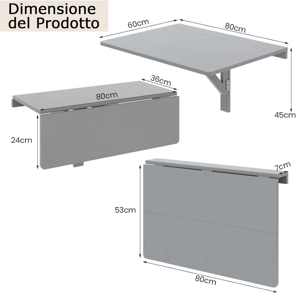 Tavolo Pieghevole a Muro, Tavolino Porta PC da Parete in Legno, Tavolo a Scomparsa Multifunzionale, Ideale per Soggiorno, Cucina e Studio, 80 x 60 x 45 cm (Grigio)