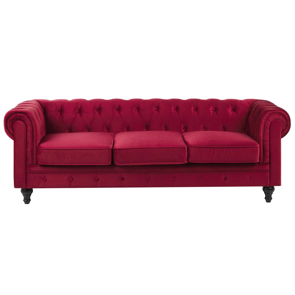 Divano Chesterfield Tessuto Velluto Rosso Scuro Rivestimento Gambe Nere 3 Posti