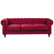 Divano Chesterfield Tessuto Velluto Rosso Scuro Rivestimento Gambe Nere 3 Posti