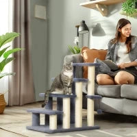 Scala per Gatti a 4 Livelli Coperto di Morbida Franela Palo di Sisal Palla Appesa 60x40x64 cm Grigio