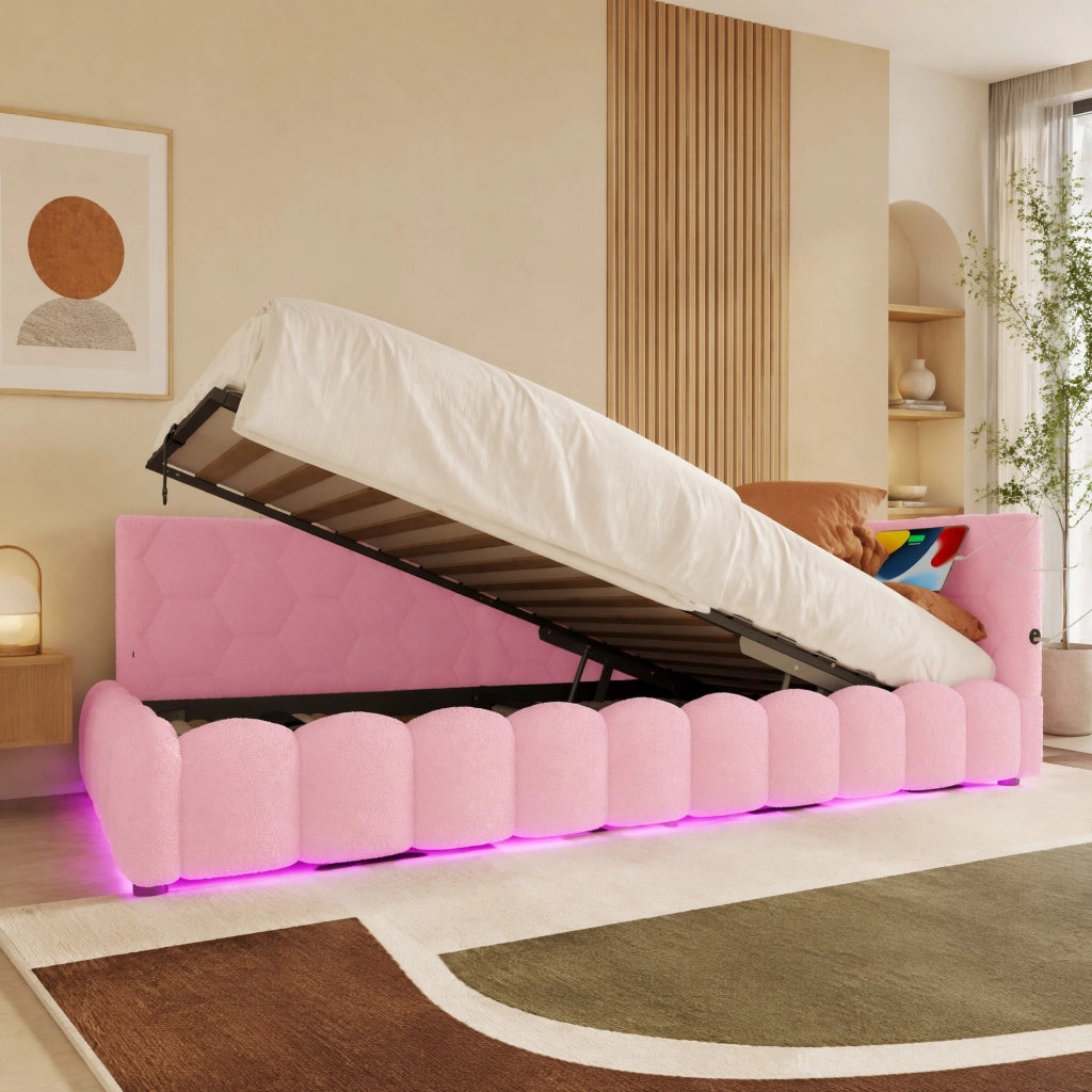 Letto daybed 90x200 cm rosa con LED, USB-C e contenitore