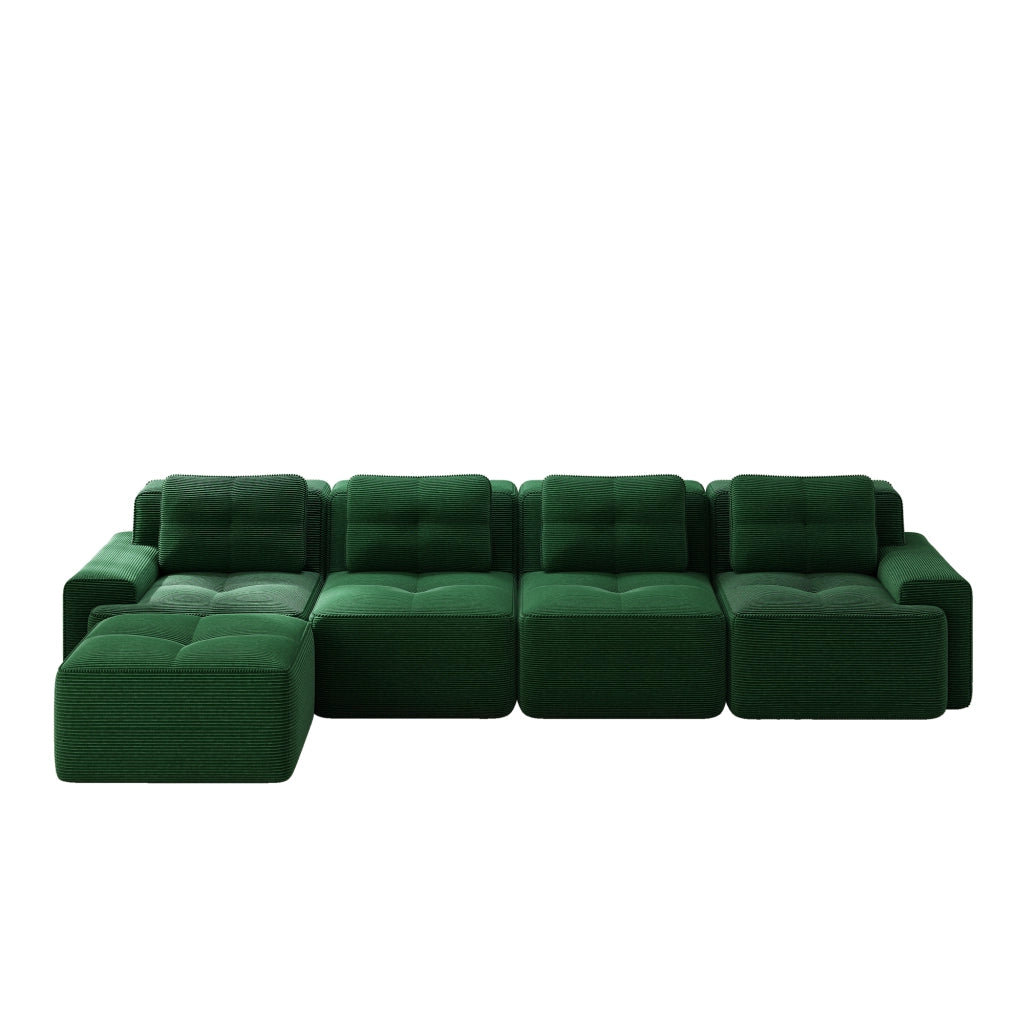 Divano modulare 4 posti in velluto a coste; seduta profonda; ampi braccioli; verde; 74 cm
