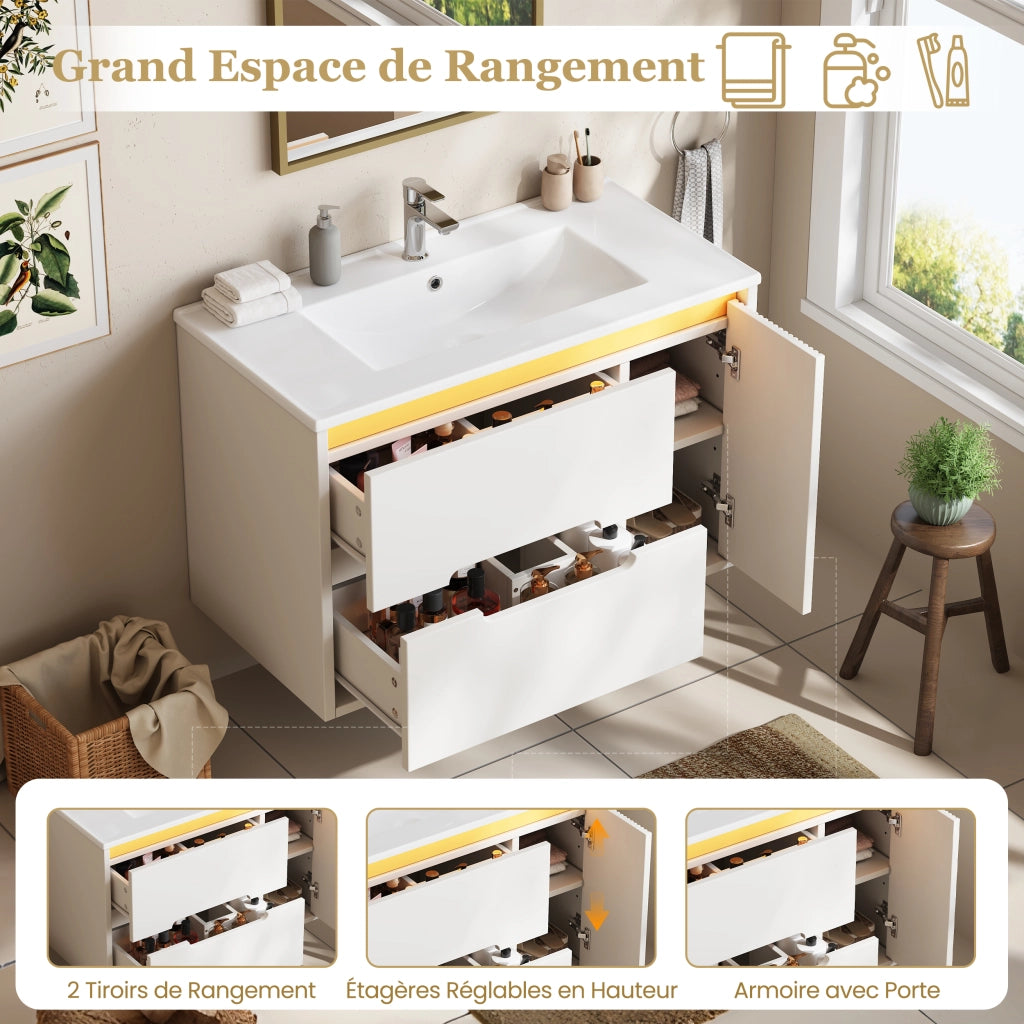 Mobile bagno sospeso 81 cm bianco con lavabo in ceramica e cassetti