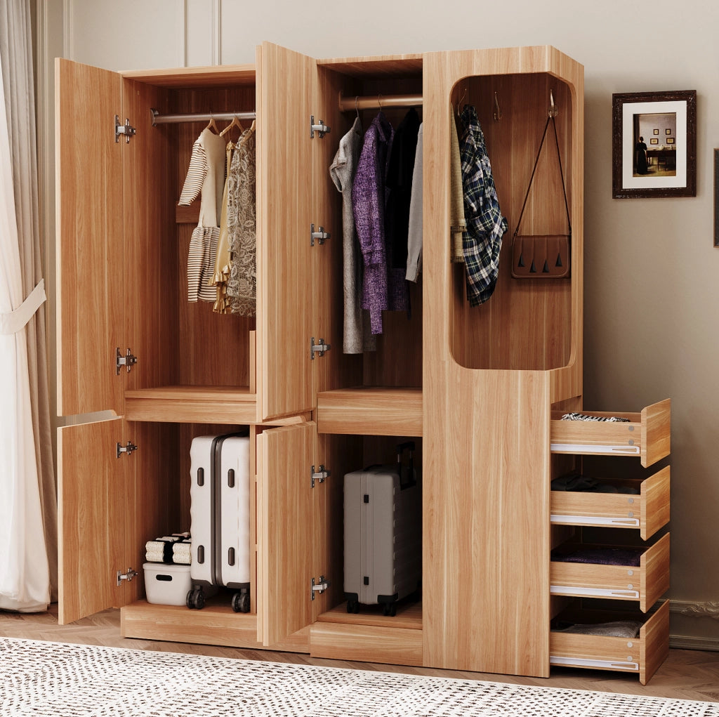 Armadio guardaroba 140 x 40 x 170 cm in legno naturale; con cassetti e vani contenitore
