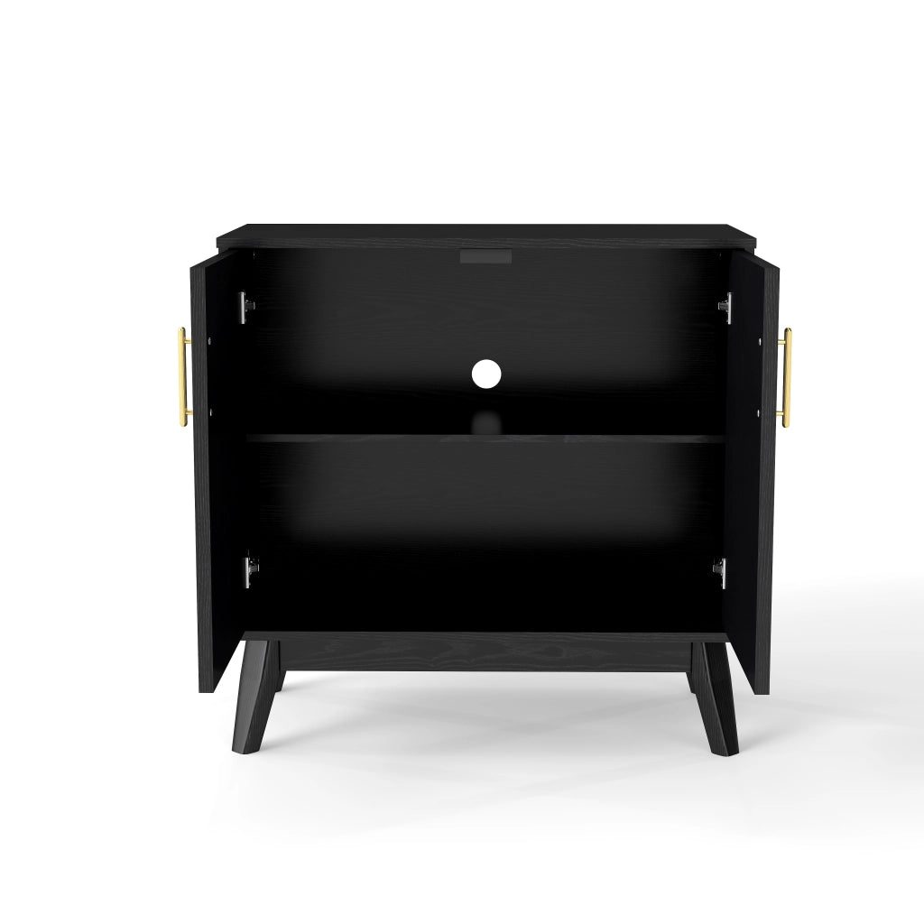 Credenza con ripiani regolabili e presa posteriore in legno e MDF nera