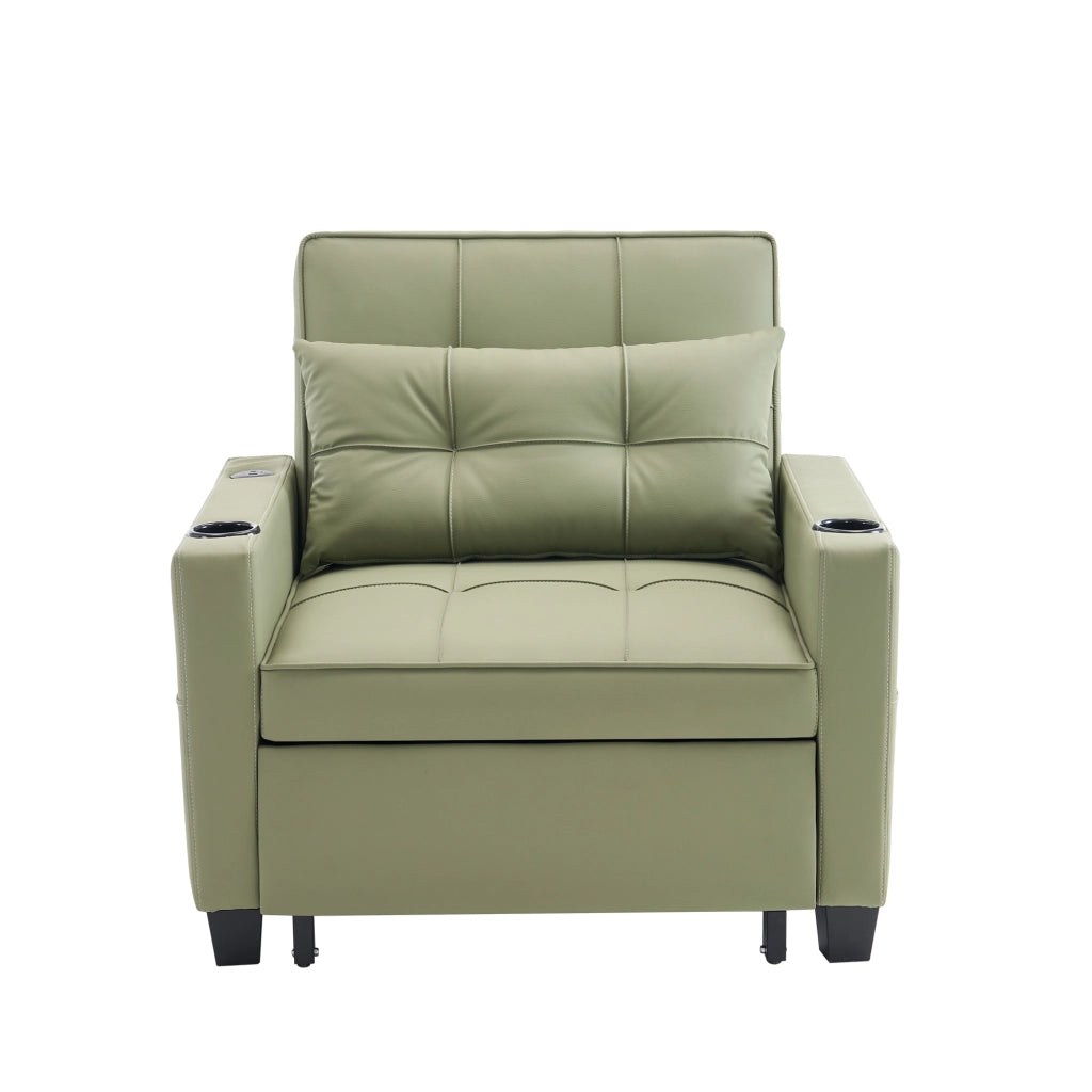 Poltrona letto convertibile 3 in 1 con funzione letto, tasca laterale e portabicchieri, in legno e metallo, avocado