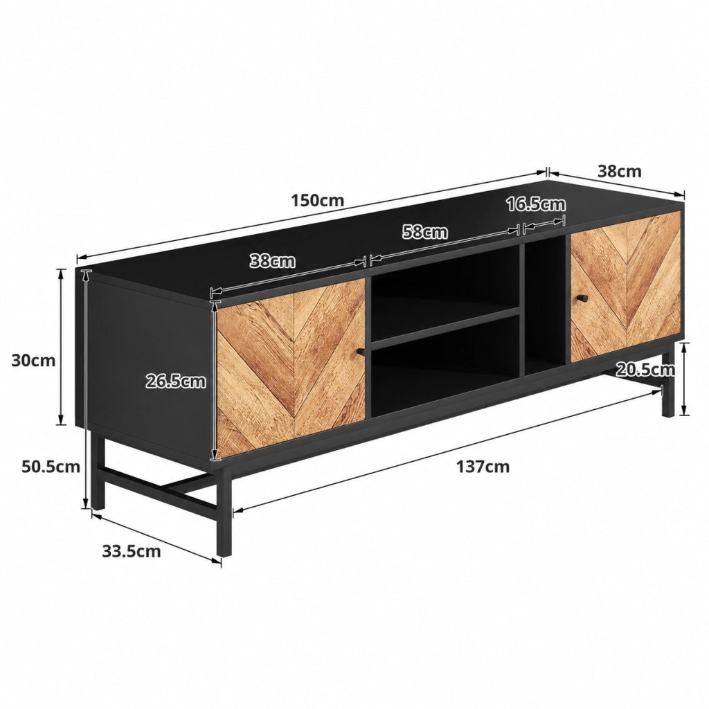 Mobile TV da 150 cm ¨C design a contrasto nero e legno con spazio contenitivo versatile, comprendente ante, vani orizzontali e verticali, design