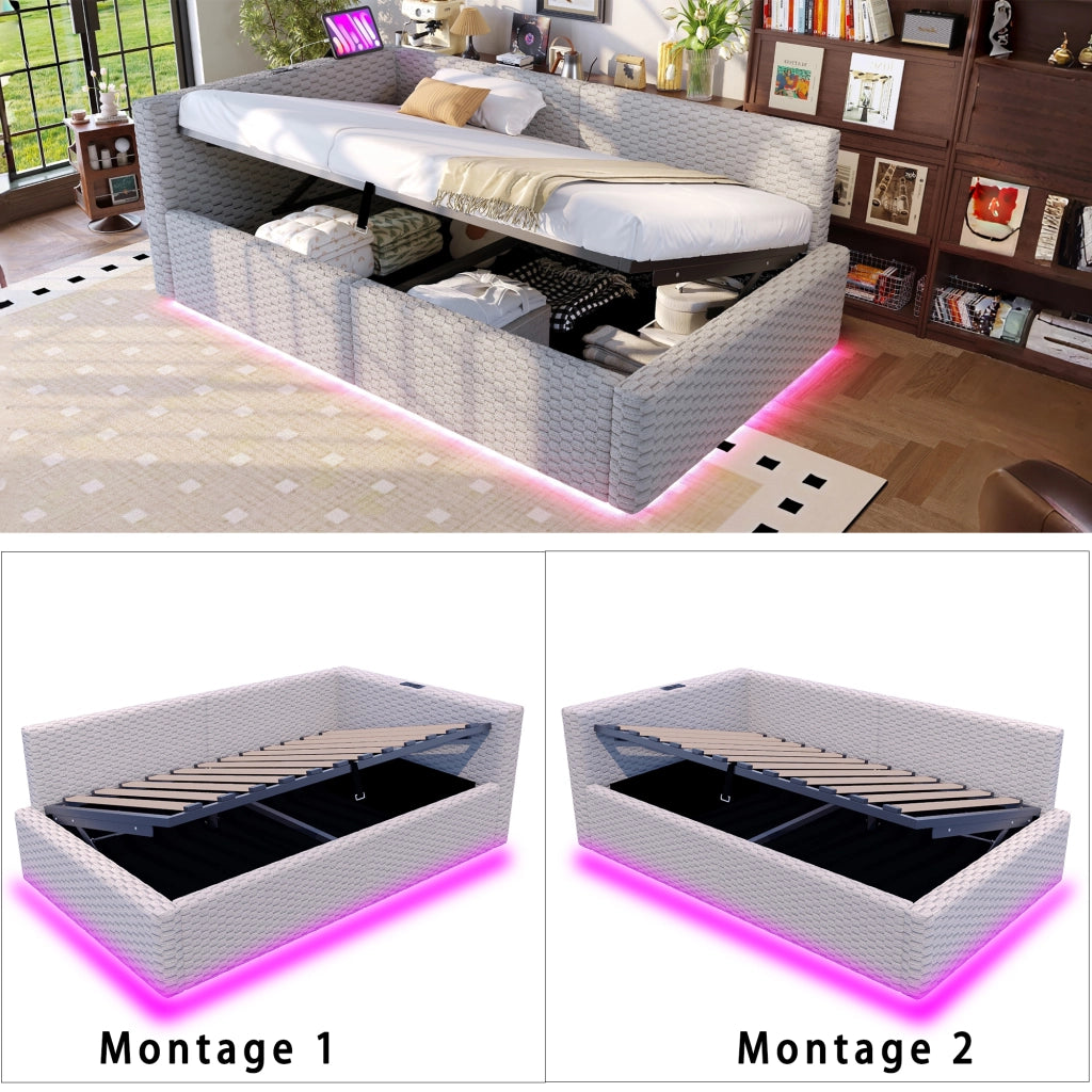 Letto divano 90 × 200 cm con contenitore idraulico, LED, 2 USB et Type-C, senza materasso, in velluto grigio