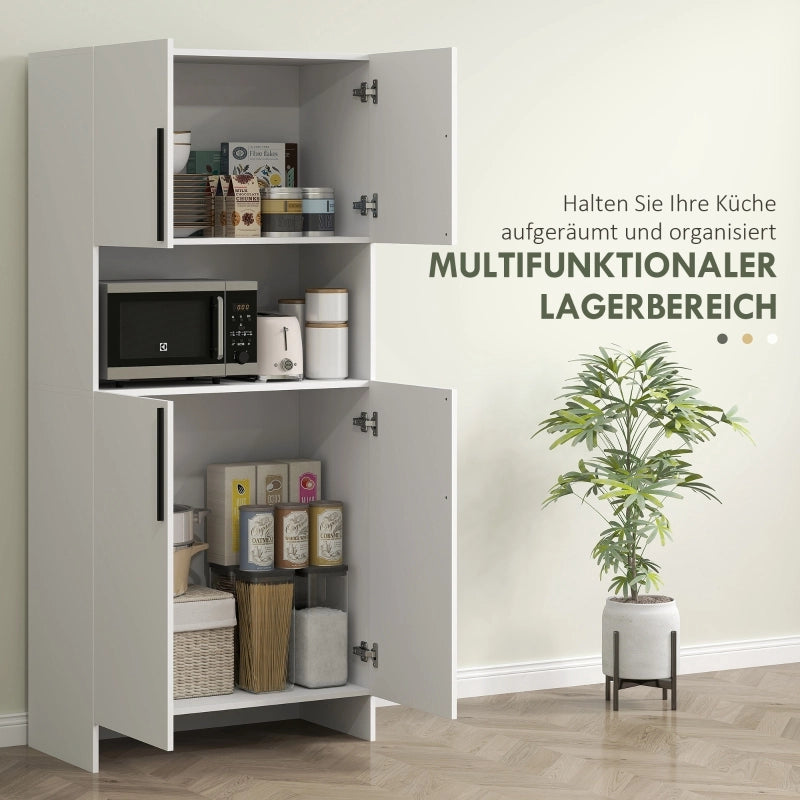 Credenza alta con 2 ante e piano d'appoggio per microonde, in legno, bianco, per cucina e soggiorno, 79 × 40 × 175 cm