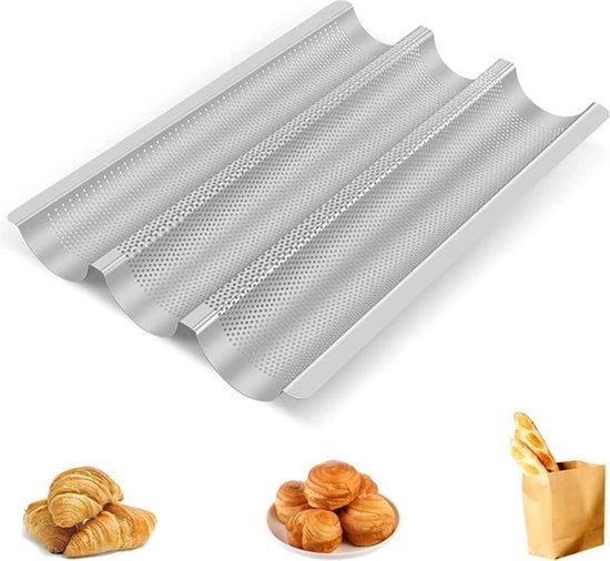 Piatto a forma di baguette, piatto a forma di baguette per 3 baguette con rivestimento antiaderente per famiglia, ristorante, panificio, dimensioni 38 x 24,5 x 2,4 cm, argento.