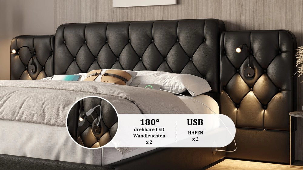 Letto Contenitore Imbottito in Velluto con LED e Sistema Idraulico ¨C MINIMAL ¨C Nero 160x200