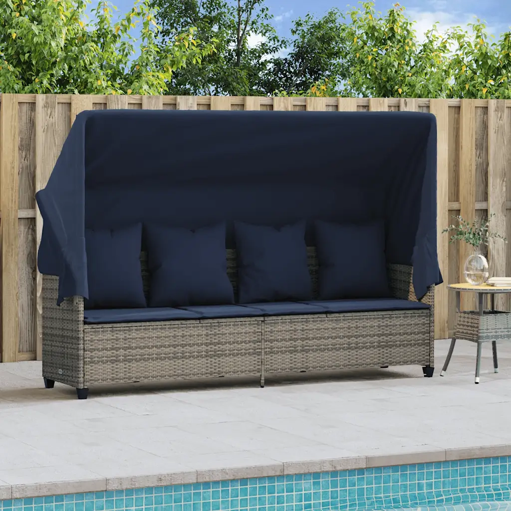 Lettino Prendisole | Sdraio da giardino | Lettino da sole con Baldacchino e Cuscini Grigio?Polyrattan