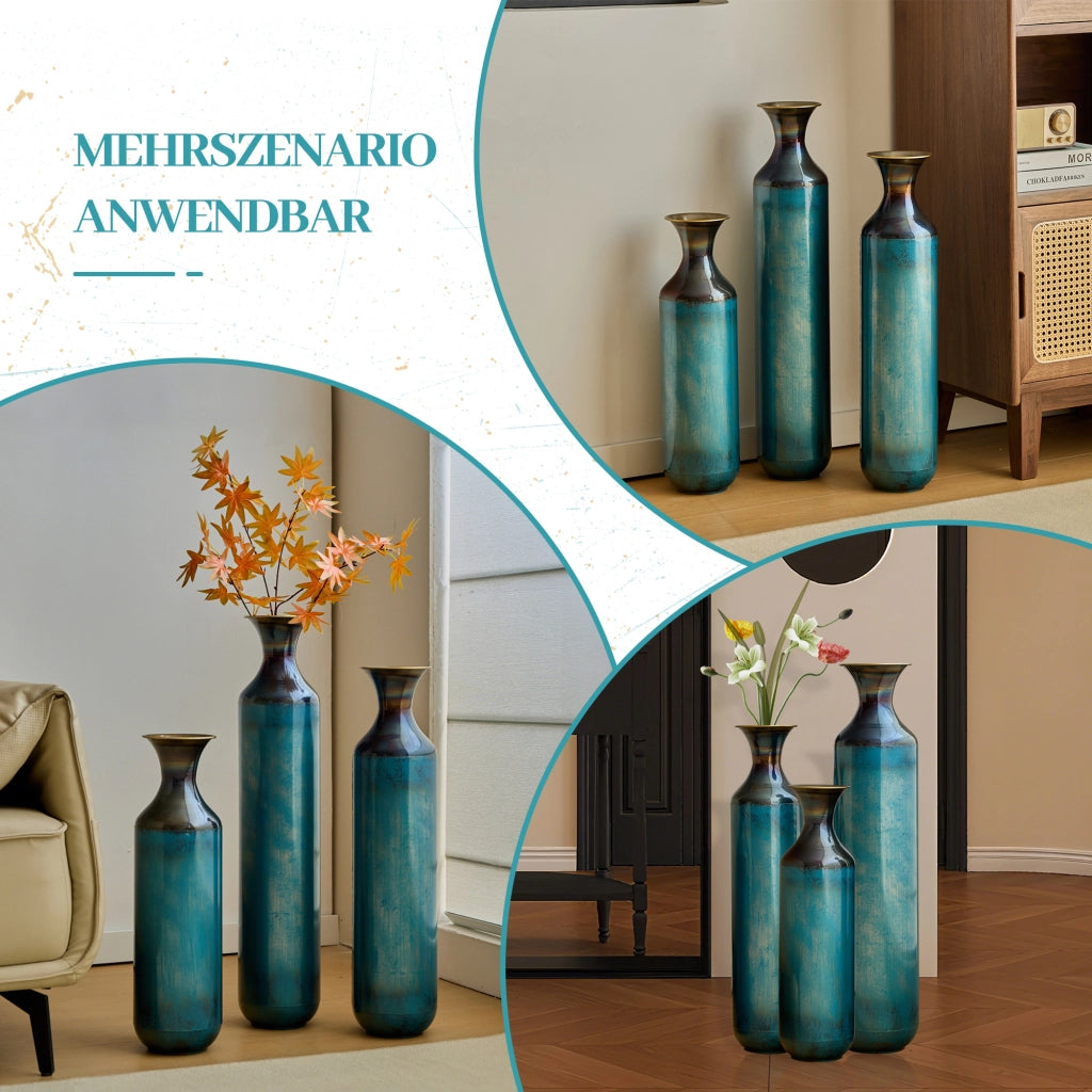 Vaso decorativo in metallo con finitura patina bluverde artigianale rustica per salotto, ingresso e terrazza