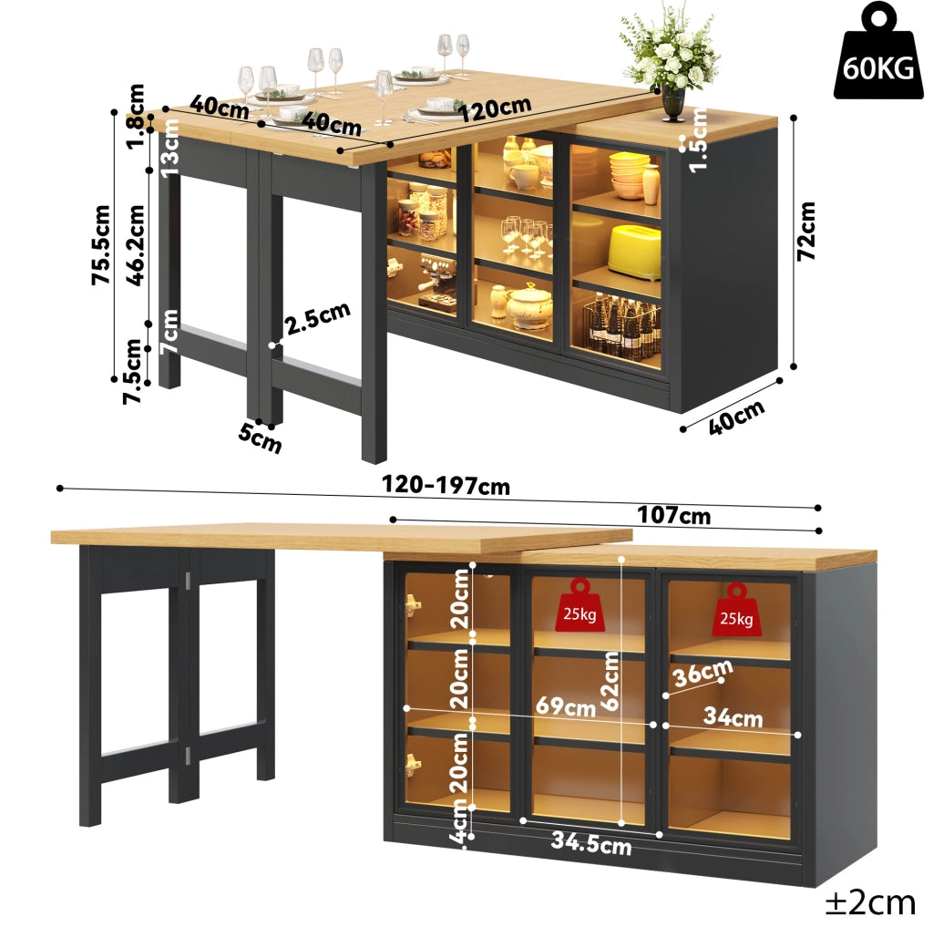 Tavolo da pranzo estraibile con mobile laterale e luci RGB