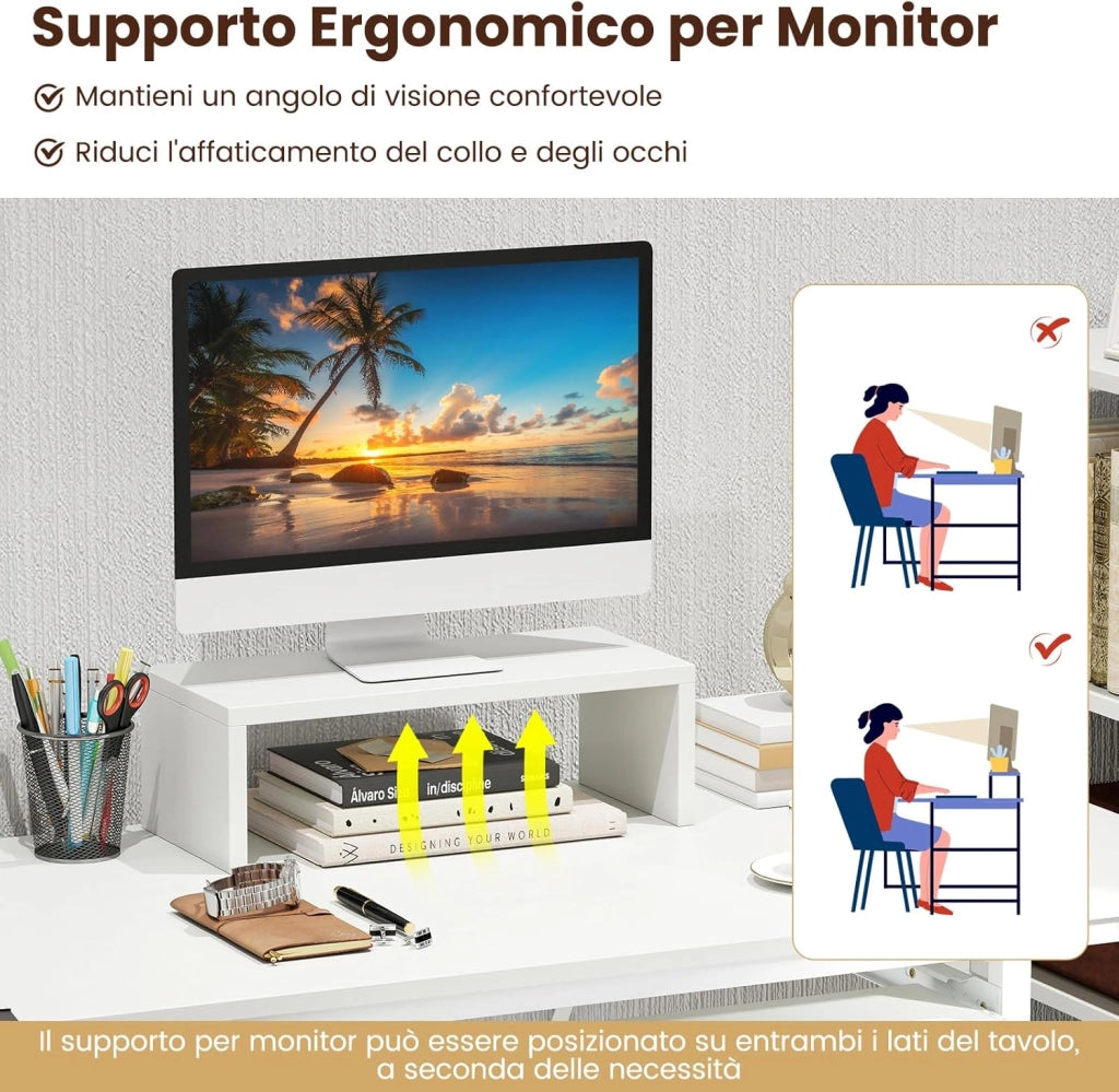 Scrivania Angolare a Forma di L, Scrivania ad Angolo Salvaspazio con Stazione di Ricarica, Scaffale, Supporto per Monitor, Gancio per Cuffie e Vassoio per Tastiera 160x108x10cm (Bianco)