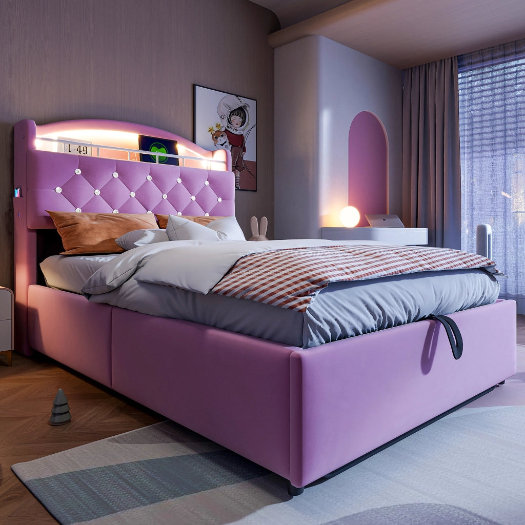 DESMIU Lit enfant 90 × 200 cm con contenitore, LED, 3 USB e Type-C, senza materasso, in velluto, rosa