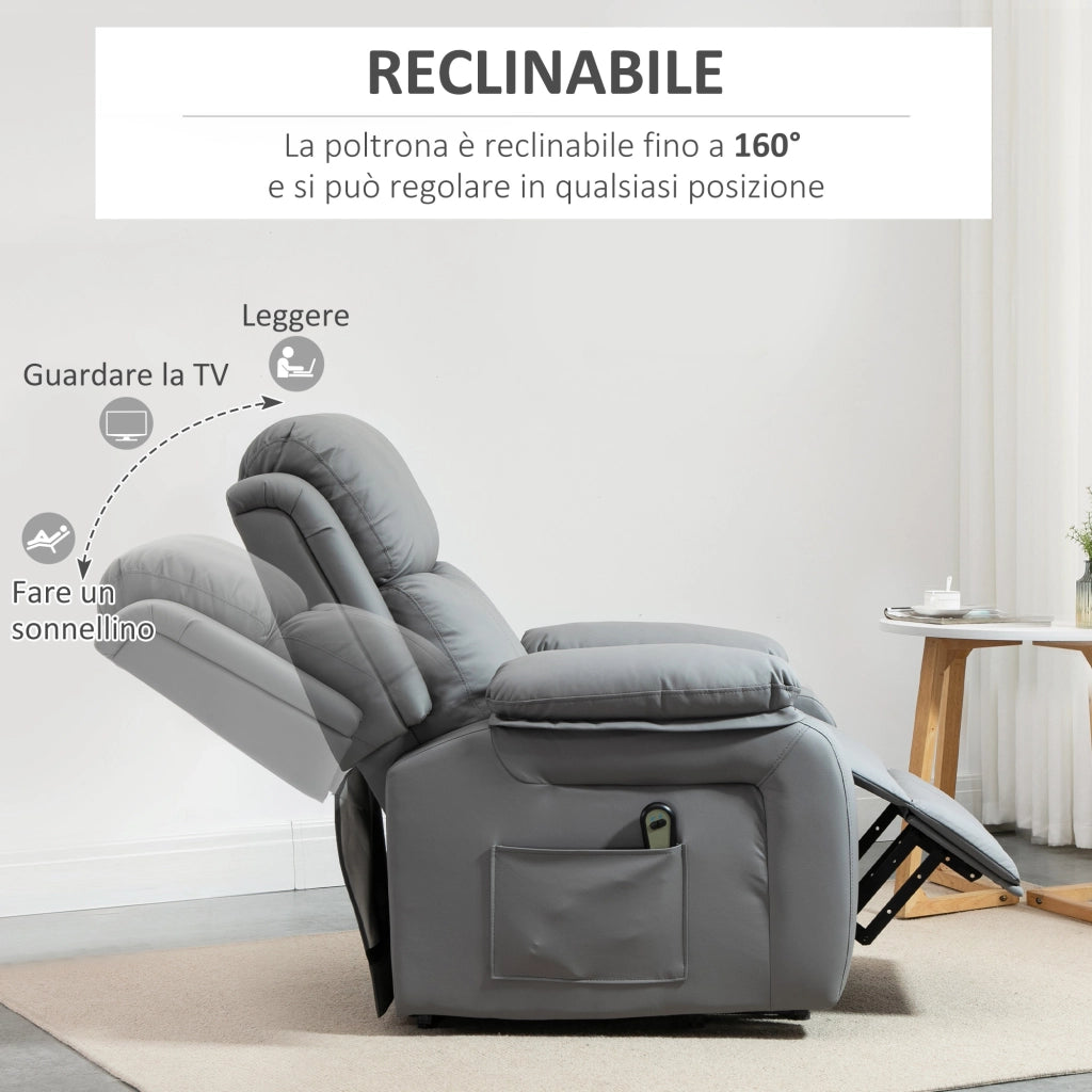 Easycomfort Poltrona Relax Elettrica e Alzapersona Reclinabile fino 160° con Telecomando, in Similpelle - Grigio