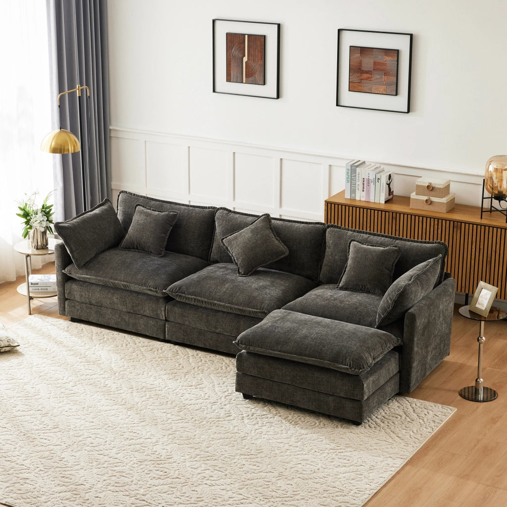 DIVANO Angolare L 283x147x84 cm in Chenille Grigio scuro con pouf mobile