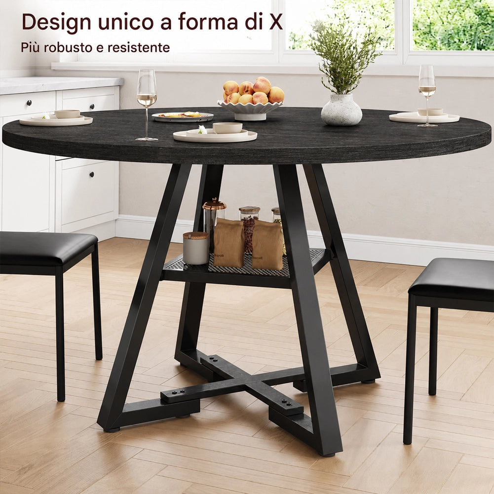 Tavolo per Sala da Pranzo Tondo Nero con Ripiano Portaoggetti 120x120x76cm