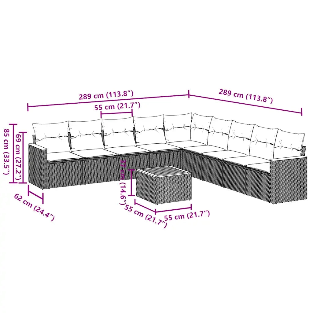 Set Divani da Giardino 10pz con Cuscini in Polyrattan Nero