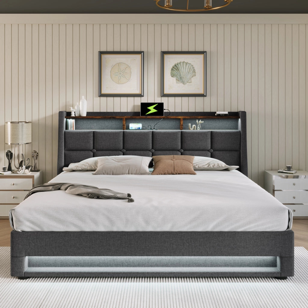 Letto imbottito grigio 140x200 cm con LED, USB e contenitore