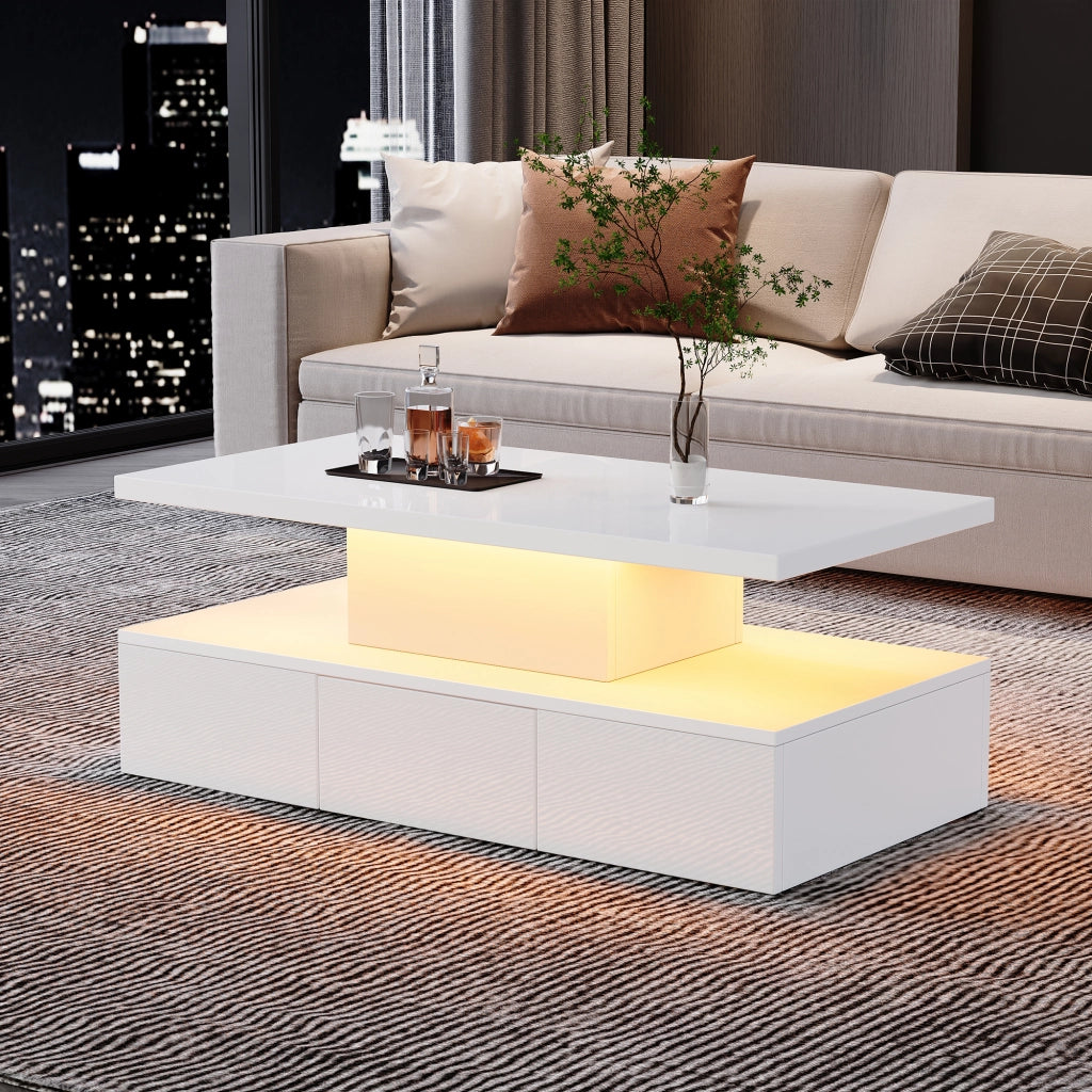 TAVOLINO DA SALOTTO 100x50x39 cm Bianco con LED, 1 cassetto e vano aperto