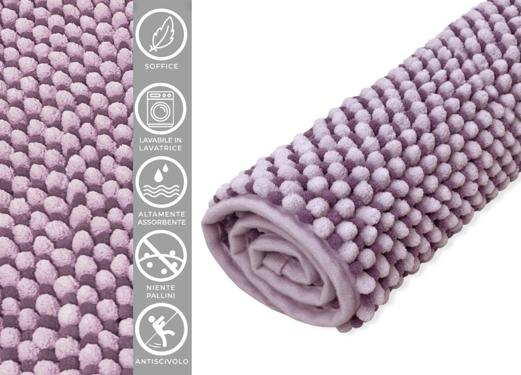Tappeto Bagno Doccia Antiscivolo In Ciniglia Super Assorbente Modello Dots - Parure 3 Pezzi - Lilla