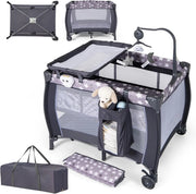 3 In 1 Lettino da Campeggio per Bambini, Lettino con Materasso Portatile per Neonati, Culla Pieghevole per Neonati con Fasciatoio, Carillon e Ruote con Freno, per Bambini 0-36 Mesi (Grigio)