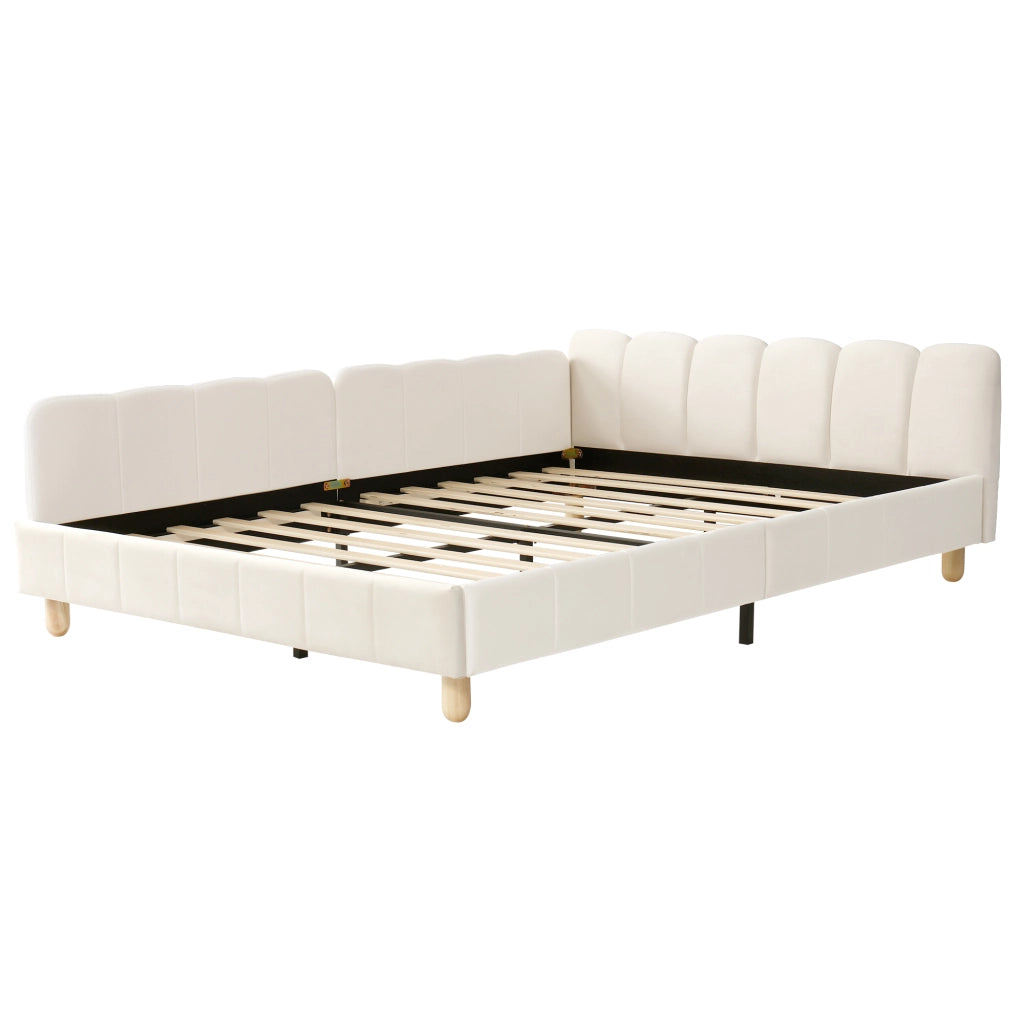 Letto per bambini imbottito con testiera ergonomica e tasche in velluto beige
