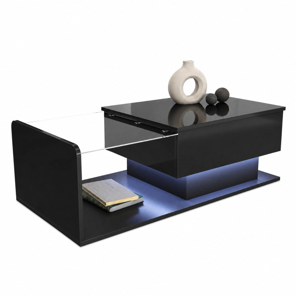 Tavolino da caffè sollevabile 100 x 50 x 33/47,5 cm nero lucido, LED, vetro e pannelli