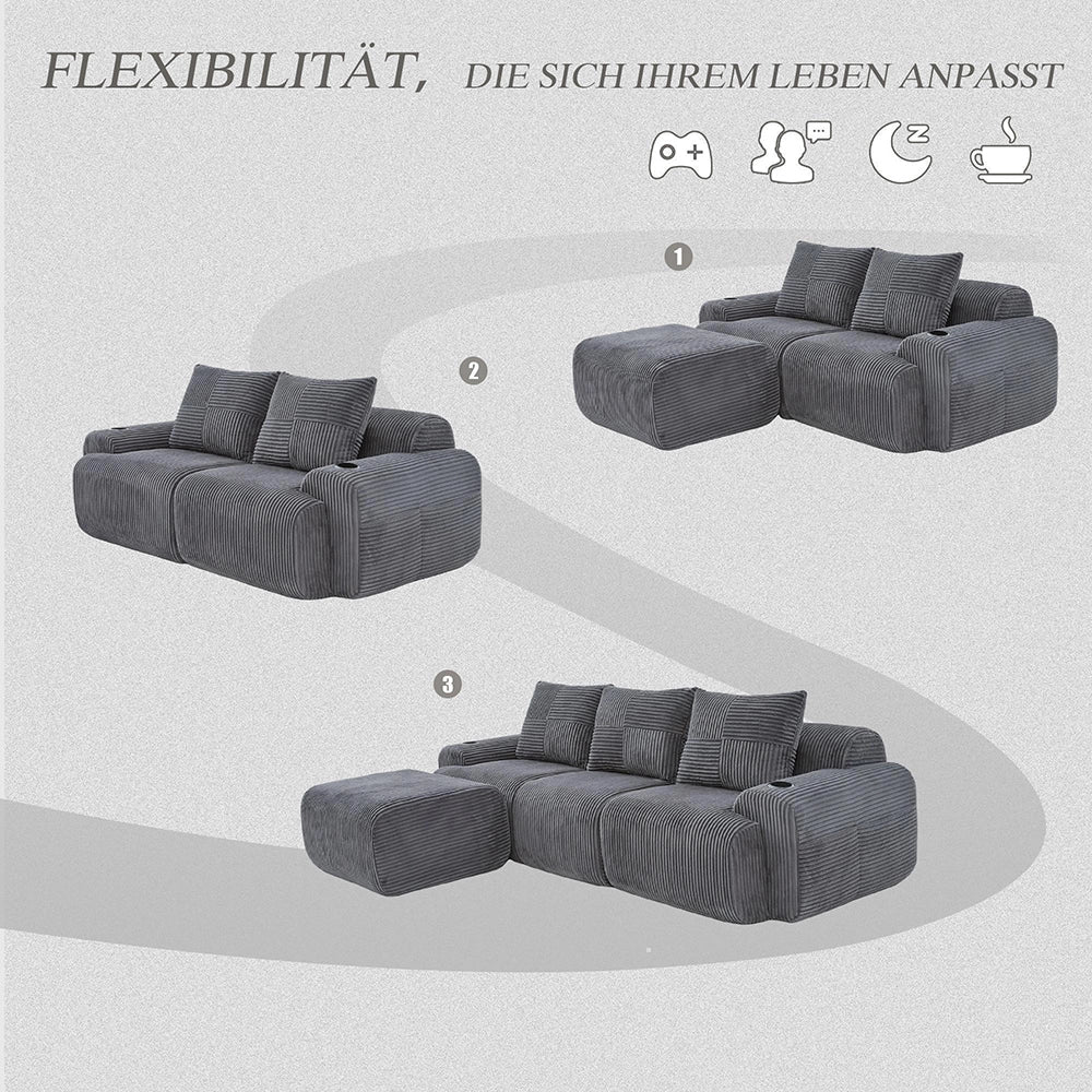 Divano modulare in velluto coste per 3 persone - Xylo - Grigio scuro - Con pouf, porta bevande, tascone laterale