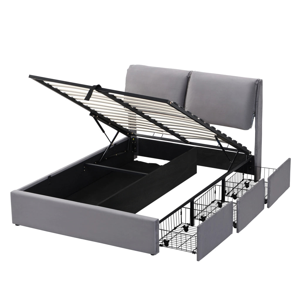 Letto imbottito grigio 140x190 cm con contenitore e 3 cassetti
