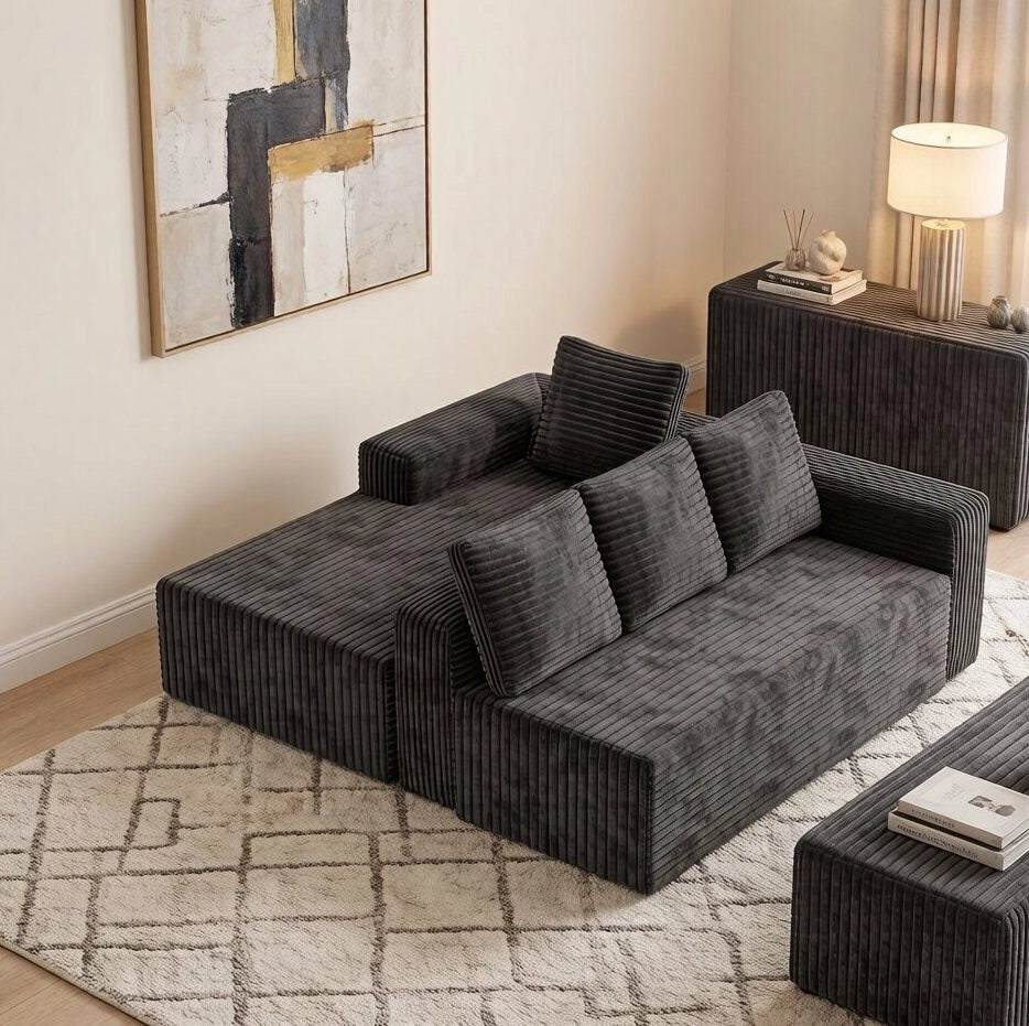 Divano modulare a L con chaise longue reversibile; 2 moduli; velluto a coste grigio