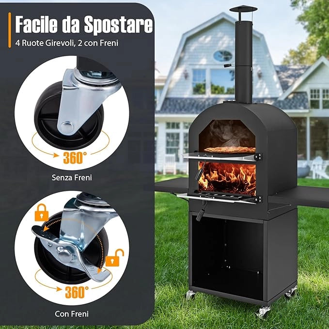 Forno per Pizza da Esterno con Ruote, Forno a Legna per Pizza con Copertura Protettiva, Pala per Pizza, Griglie e Termometro Integrato, per BBQ, Campeggio, Festa [Classe di efficienza energetica A+]