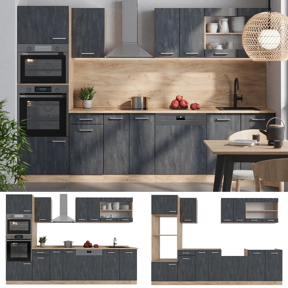 Cucina componibile R-Line Calce nera/Rovere dorato 300 cm PL Antracite Vicco