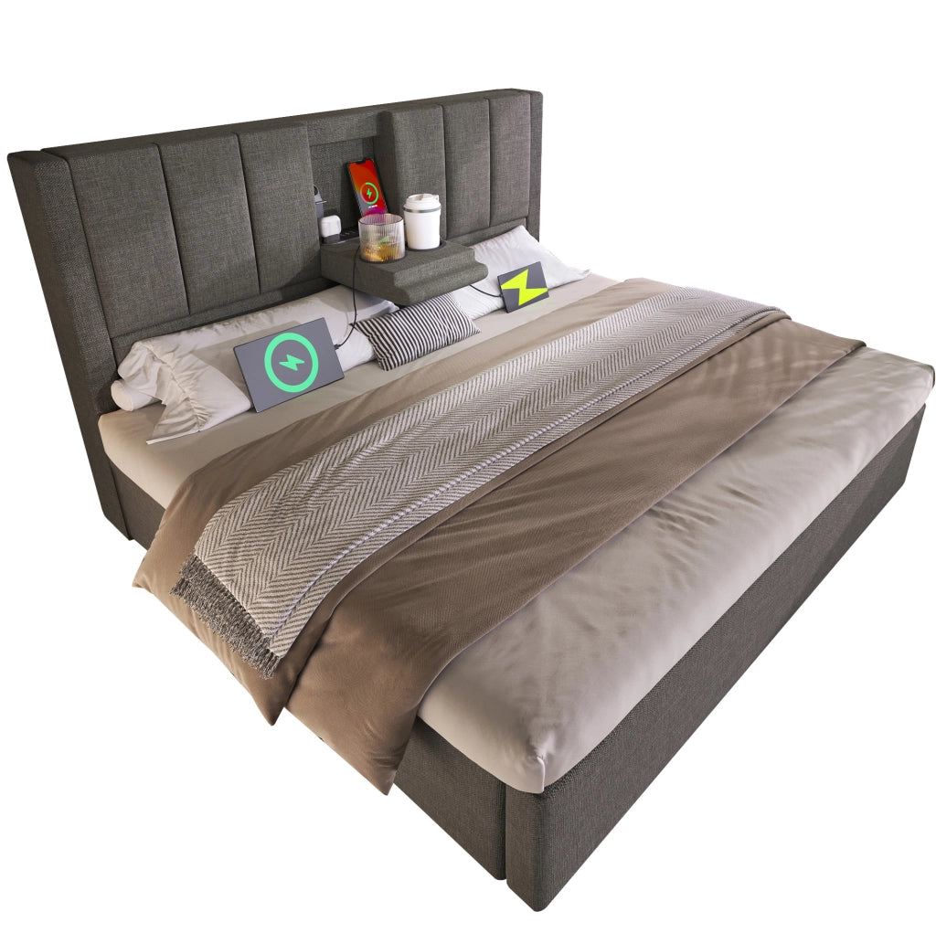 Letto imbottito 140x190 cm grigio con vano idraulico, USB-C e portabicchieri