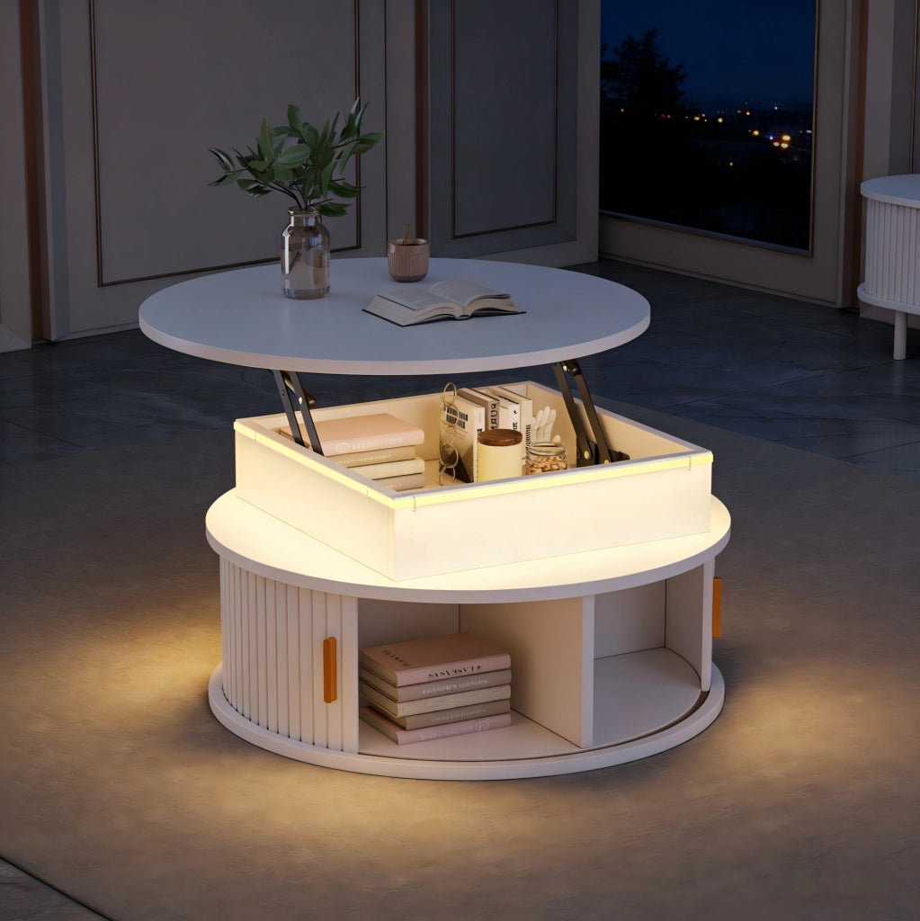 Tavolino rotondo elevabile 75 cm bianco con LED, vano contenitore e serrande