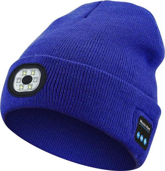 Cappello da campeggio con cuffia Bluetooth e luce LED 22x21cm - Cappello da campeggio con cuffia wireless - Cappello da campeggio con cuffia stereo e caricatore USB - Ideale per campeggio, escursioni, jogging - Blu brillante
