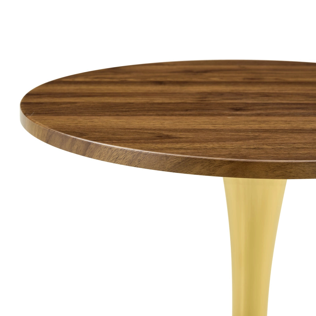 Tavolo da pranzo rotondo con base centrale e piano effetto noce stile retrò moderno in MDF e metallo oro per soggiorno e sala da pranzo