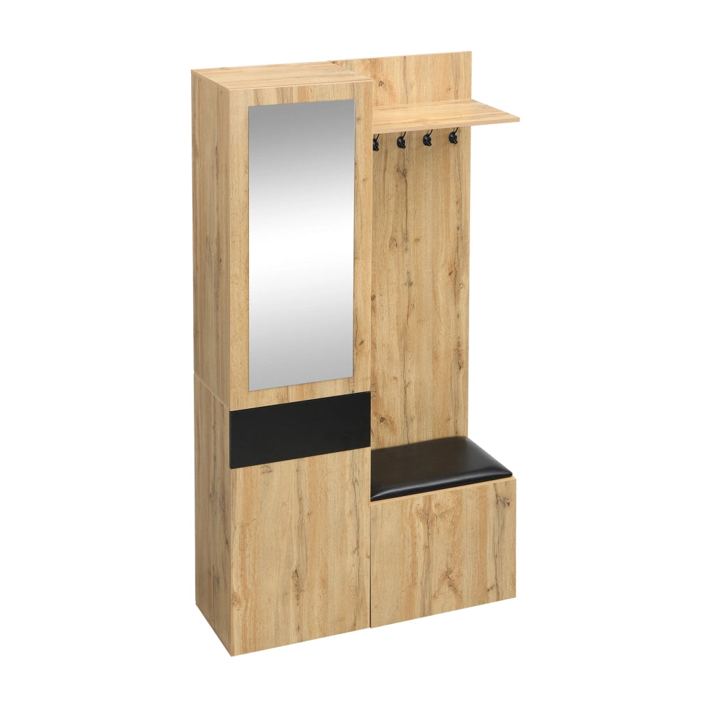 Set guardaroba ULEVR 98,5x38x191 cm con specchio, 5 ganci, 2 scarpiere e panca, nero e naturale