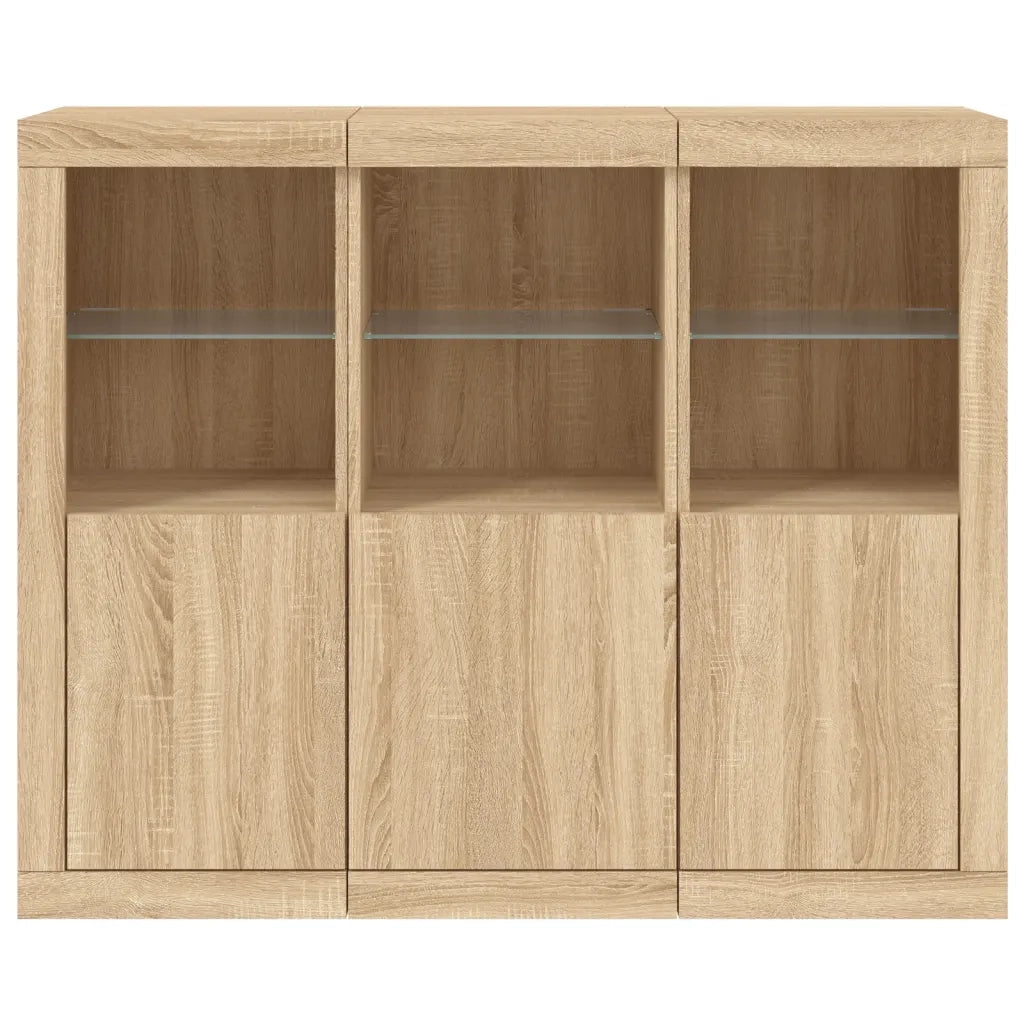 Credenze con Luci LED 3 pz | Madia | Buffet da pranzo | Armadio da pranzo Rovere Sonoma in Legno Multistrato