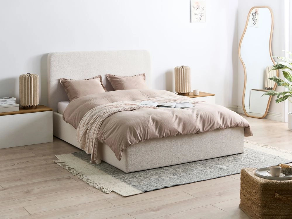 Letto matrimoniale con rivestimento in tessuto boucle bianco sporco con contenitore stile 140 x 200 cm boho