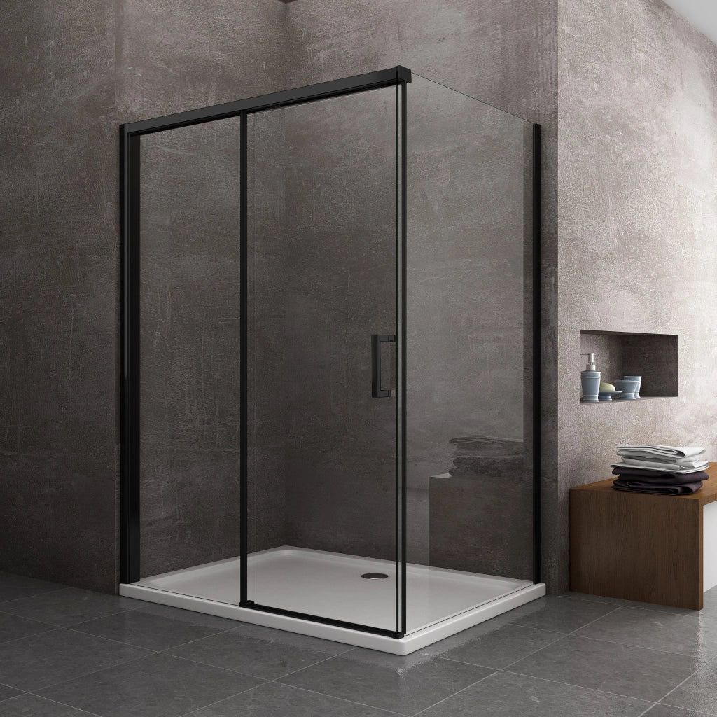 Box Doccia Ad Angolo Con Parete Fissa Laterale e Porta Frontale Con Chiusura Soft Close Ammortizzata H 200 8 MM Telaio Nero Opaco Cm 80 (78-80) x 170 (167-170)