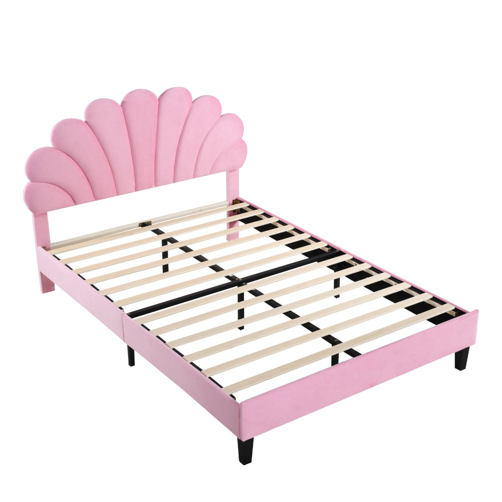 OKWISH Letto Imbottito 140×200 cm, Letto Matrimoniale con Testiera a Fiore e 12 Doghe Rinforzate, senza Materasso, Rosa