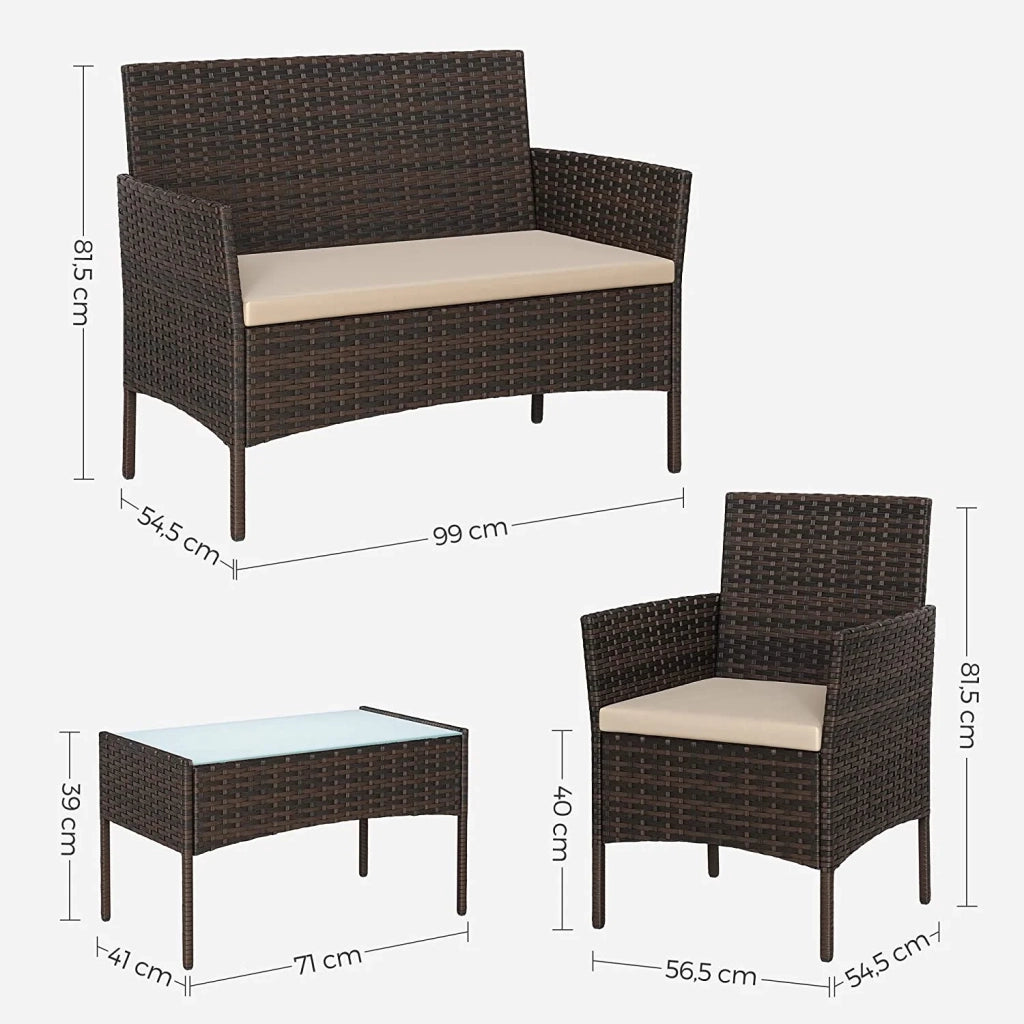 Set mobili da giardino per esterno 4 mobili superficie intrecciata in PE tavolo e sedie per terrazza giardino balcone marrone e tortora 12_0001663