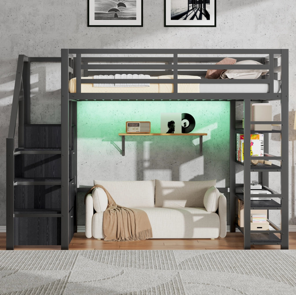 Letto a soppalco 140x200 cm in metallo con armadio e LED