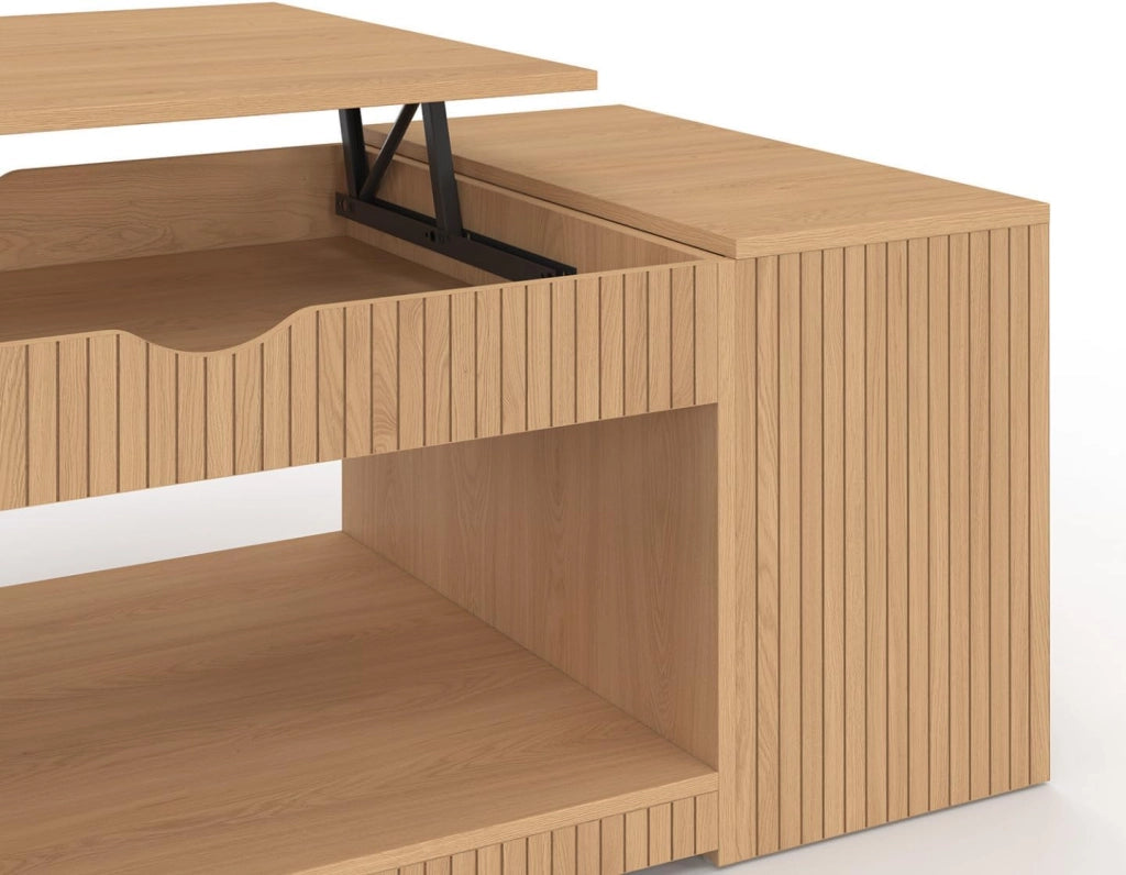 Tavolino rettangolare alzabile JULIETTE con cassa in legno a doghe color rovere